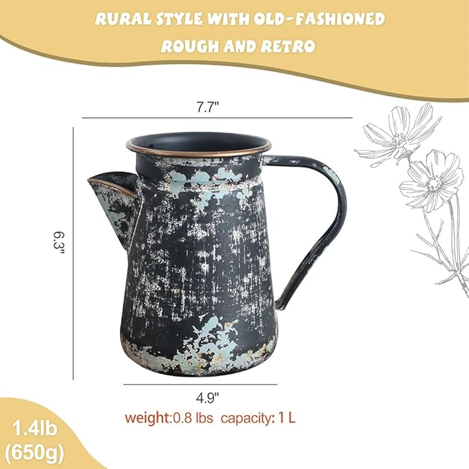 Vintage Pitcher Vase Rustic Farmhouse Vase for Flowers Vintage Metal Milk Jug Small Decorative Pitcher Shabby Chic Decor for Home, Kitchen, Bathroom, Black
