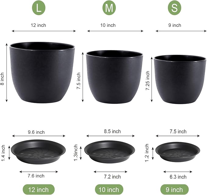 WSMKSZ 12/10/9 inch Big Flower Pots, 3 Pack Modern Decorative Plastic Planters with Drainage Holes and Tray, Plant Pots for Indoor Outdoor Plants, Black