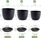 UOUZ 12/10/9 Large Modern Plant Pots, Plastic Planters with Drainage Holes and Saucers for Indoor Outdoor Plants Flowers, Black