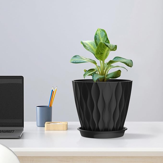 Meowell 6 inch Plant Pots, 5 Pack Flower Pots for Indoor Outdoor Plants, Water Ripples Plastic Planters with Drainage Holes and Saucers, Nursery Pots for Small Succulent Garden House Plants, Black