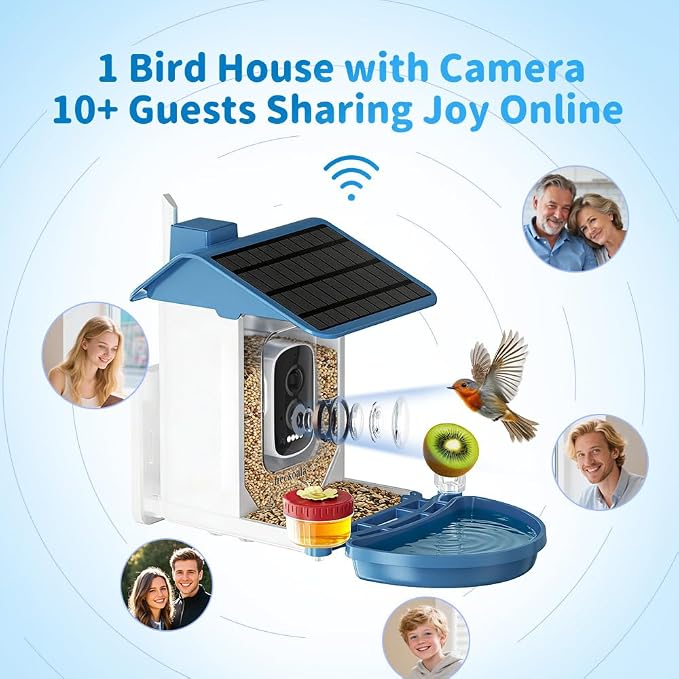 Bird Feeder with Camera, 4K UHD AI Video Bird Feeder Camera, Solar Powered Smart Bird Feeder with Camera for Outside, Instant Arrival Alerts, 3-in-1 Design, Ideal Gifts for Bird Lovers, Blue