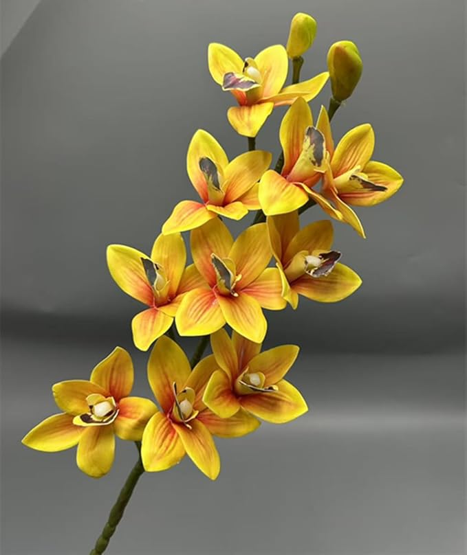 4pcs Artificial Cymbidium Orchid Flower Plant 3D Print Vanda 10 Heads Latex Phalaenopsis Flower (Black Heart Yellow)