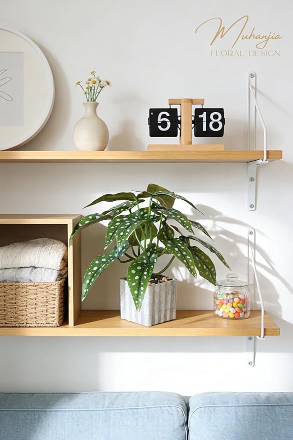 Muhanjia Artificial Potted Plant, Lifelike Faux Greenery in Decorative Cement-Look Square Pot for Indoor Home Decor Centerpieces (Polka Dot Begonia)