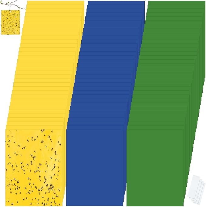 Qualirey 100 Pcs 6 x 8 Inch Sticky Traps for Plant Double Sided Sticky Trap for Gnats with Twist Ties Fly Traps for Fruit Insect Fungus Bugs Indoor Outdoor (Yellow,Blue,Green)