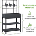 Metal Raised Garden Bed with Trellis & 2-Tier Storage Shelf, Elevated Planter Box with Legs -Includes 3 Flower Pots, Outdoor Vertical Garden for Vegetables Herbs Climbing Plants Patio Balcony