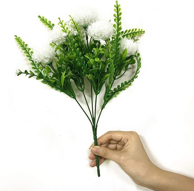 CATTREE Artificial Dandelion Plants, Plastic Flowers Shrubs Bushes Fake Grass Wedding Indoor Outdoor Home Garden Arrangements Party Decoration Planting Filler White 4 Pack