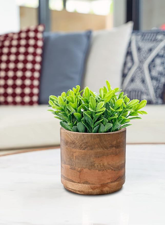 Serene Spaces Living Medium Mango Wood Cachepot – Natural Wooden Pot for Faux Flowers & Indoor Plants – Decorative Plant Holder for Home, Office, and Restaurant Decor – 6.5" Diameter & 6" Tall