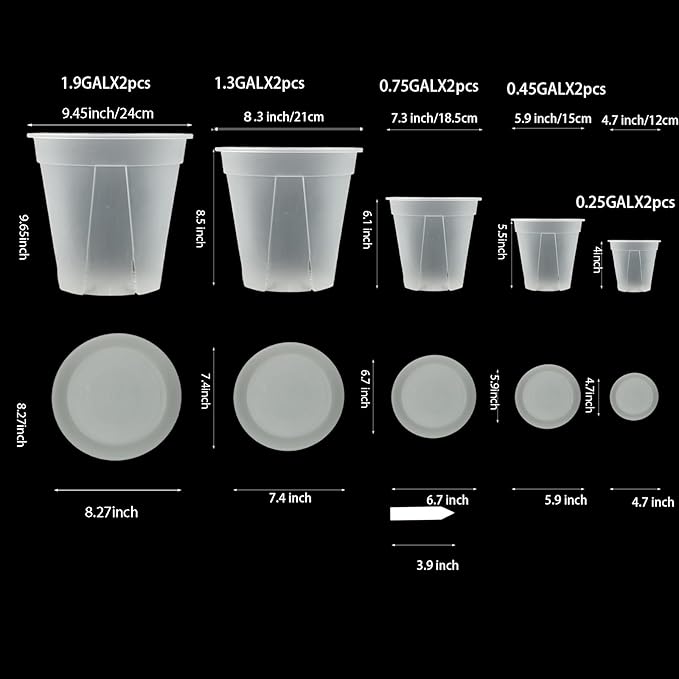 Large Clear Nursery pots for Plants with Saucers,10 pcs 9.5/8.3/7/6/5 inch Thick Plastic Nursery pots for Plants with Drainage Holes for Monstera,Aroid