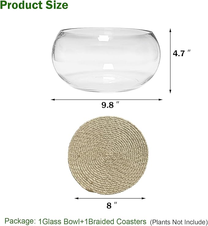 10" Large Glass Lotus Bowl Planter with Braided Tray Round Clear Glass Water Lily Flower Pot Indoor Hydroponic Aquatic Plant Bonsai Vase Can As a Fish Tank