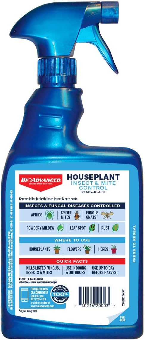BioAdvanced Houseplant Insect & Mite Control, Ready-to-Use Fungal Disease & Fungus Gnats Killer, 24 oz, Plant Spray for Fungus Gnats