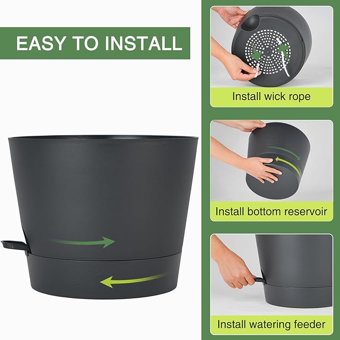 SwinDuck 12inch Large Self Watering Plant Pot, Plastic Cylinder Planter with 60Oz Deep Reservoir and Saucer for Indoor Outdoor Plants Flowers Houseplants, Black
