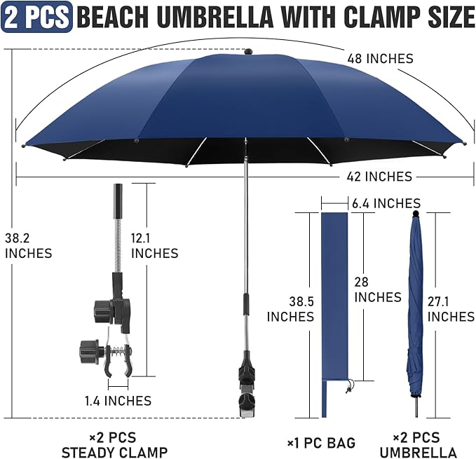 2 PACK Beach Umbrella with Clamp, 360 ° Adjustable Umbrellas for Chair, UPF50+ Umbrella for Beach Chair, Patio Chair, Wheelchair, Camping Chair, Golf Carts (Chair Not Included)