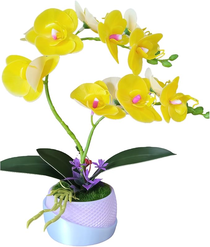 Artificial Orchid with 3D Printed Vase, Lifelike Fake Phalaenopsis Orchid Flowers, Realistic Silk Orchids for Home Decor Living Room (Yellow)