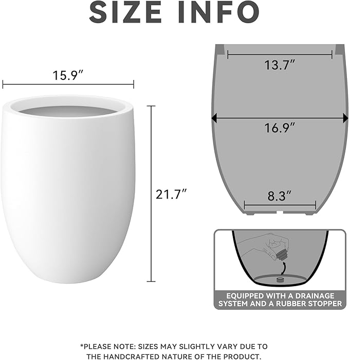 Kante 21.7" H Pure White Concrete Tall Planter, Large Outdoor Indoor Decorative Pot with Drainage Hole and Rubber Plug, Modern Round Style for Home and Patio