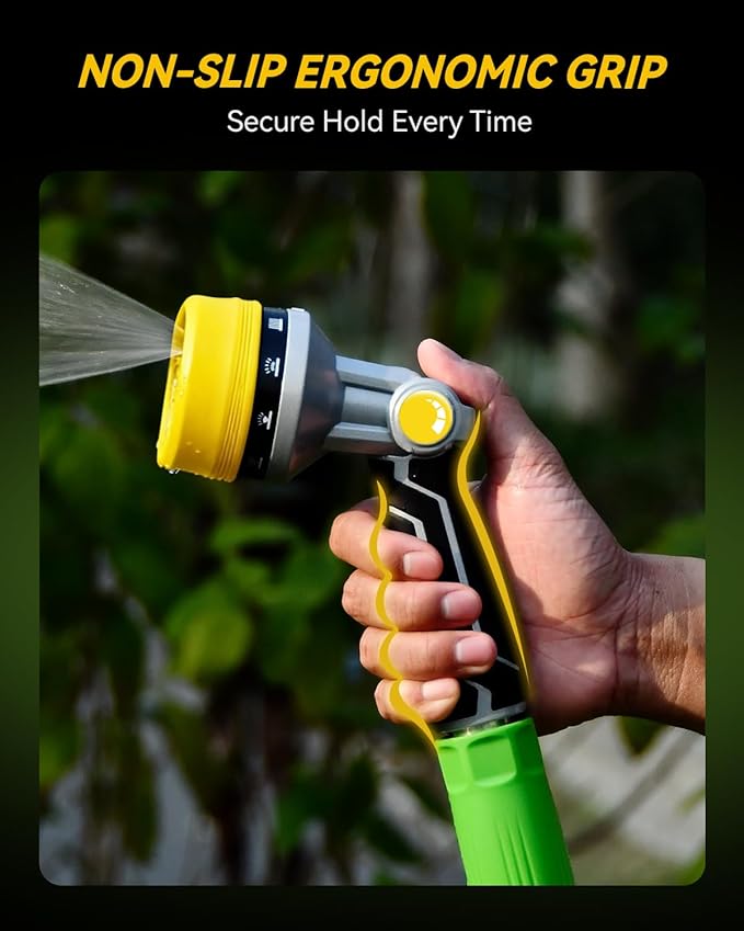 RAINPOINT Full-Metal Garden Hose Nozzle, Heavy Duty Water Hose Nozzle Sprayer With 10 Adjustable Patterns & High Flow,Thumb Control For Flow Adjustment, Ideal For Watering, Washing, Cleaning,Yellow