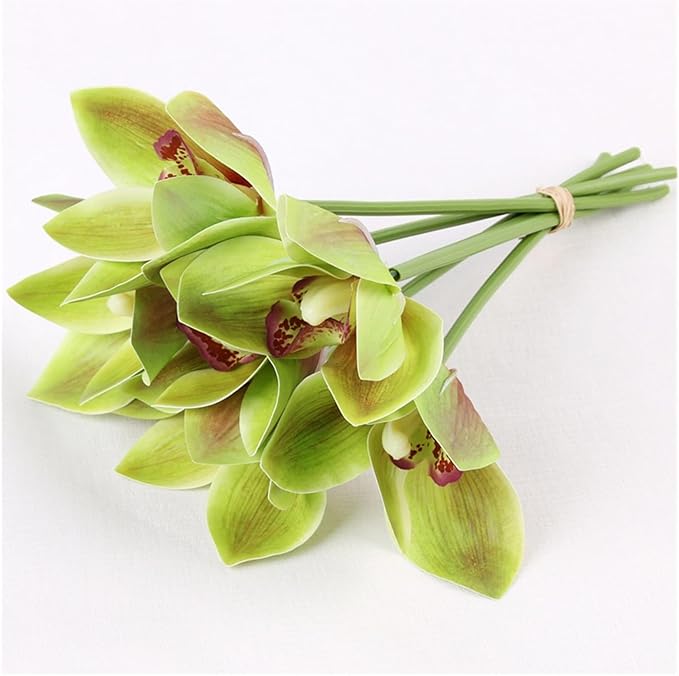 3 Bunches of 18 Tactile cymbidium Orchids Small Bunches of Flowers Hand-Tied Flowers Home Living Room Table Decoration Artificial Flowers Ornaments(Green)