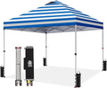 CROWN SHADES 10x10 Pop Up Canopy - Beach Tent with One Push Setup - Outdoor Sun Shade for Events, Parties, Camping - STO-N-Go Cover Bag, Silver Coated Top, 3 Height& 4 Sand Bags, Sky Blue Stripes