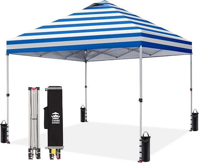 CROWN SHADES 10x10 Pop Up Canopy - Beach Tent with One Push Setup - Outdoor Sun Shade for Events, Parties, Camping - STO-N-Go Cover Bag, Silver Coated Top, 3 Height& 4 Sand Bags, Sky Blue Stripes