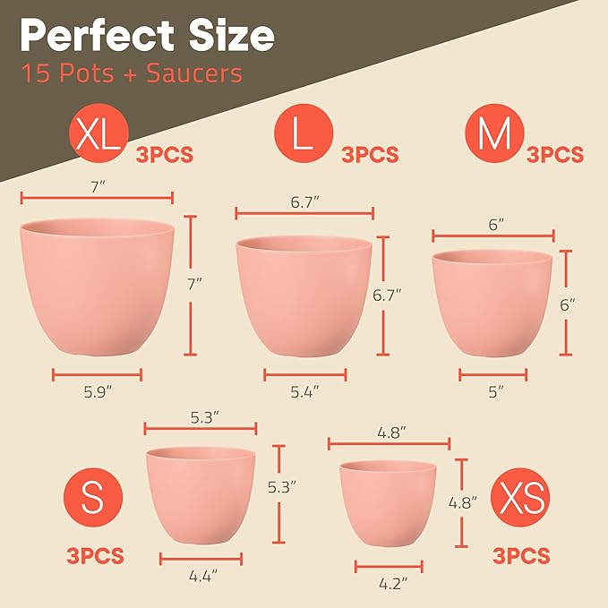 Planter Pots with Drainage Holes - Lightweight, Durable, and Space-Saving Pots for Indoor and Outdoor - Versatile Functionality, Simple Modern Design, Set of 15 Plastic Planter Pots - Pink