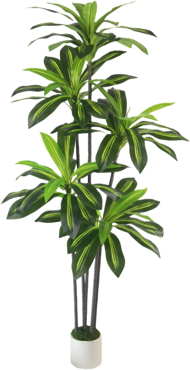 Artificial Dracaena Tree 6FT with White Planter - Faux Yucca Tree with Lifelike Trunk and Leaves in Pot for Home Office Living Room Decor