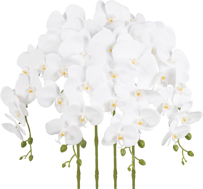 4PCS Faux White Orchid Artificial Flowers, 35inch Long Stem White Fake Orchid, Realistic Phalaenopsis Flowers for Tall Vase Home Wedding Party Decoration