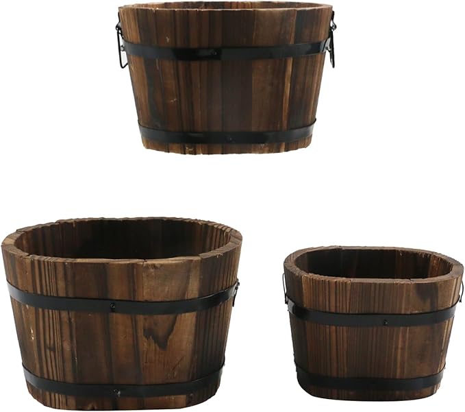 MY MIRONEY 3PCS Wooden Planter Barrel Set Vintage Style Wood Bucket Rustic Garden Flower Plant Pots Container with Metal Handles, Oval, Small, Medium & Large