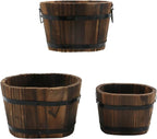 MY MIRONEY 3PCS Wooden Planter Barrel Set Vintage Style Wood Bucket Rustic Garden Flower Plant Pots Container with Metal Handles, Oval, Small, Medium & Large