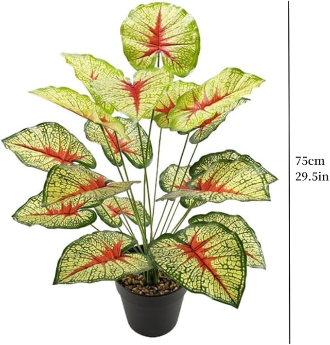 Artificial Caladium Plant with Red and Green Leaves, Red Leaf Artificial Plants Decoration Simulated Bonsai Potted Decor Home Room Party Wedding Office Floor (Yellow(No Flowerpot), 75cm)