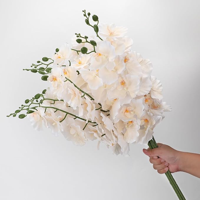 6 PCS Artificial Orchid Stems 33.5" Tall 9 Large Petals Fake Champagne Phalaenopsis Flower Arrangements for Home Wedding Living Room Table Centerpiece Office Table Decor Champagne