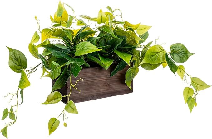 MyGift Vibrant Lifelike Artificial Plant Pothos Leafy Vine Greenery in Burnt Brown Solid Wood Rectangular Planter Box