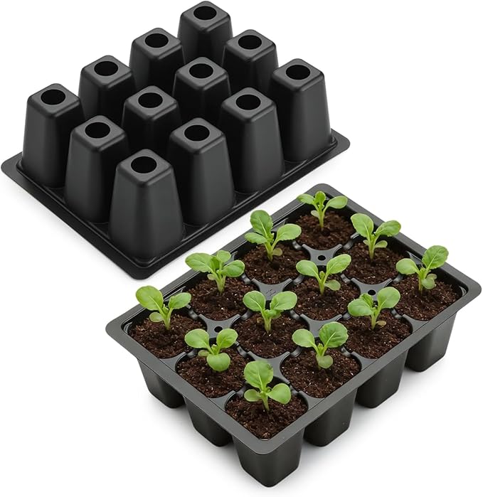 RooTrimmer 60 Pack Reusable 12-Cell Seed Starter Tray, Plant Starter Trays with Large Drainage Holes for Seed Germination, Easy to Repotted, Fits Standard 1020 Flats and TD377 Trays, Black