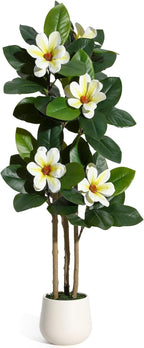 GarveeHome Faux Rubber Tree, 48 Inch Artificial Plants Indoor with Real Touch Leaves and Multi Trunks, Artificial Tree Fake Potted Plants with White Flowers for Home Decor Office Living Room