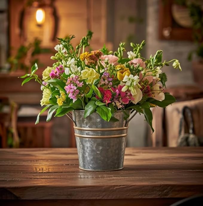 Hosley Set of 3 Zinc Finish Bucket/Pots with PVC Liner 5" Dia x 5" H, Ideal Gift for Floral Arrangements Wedding Home Office Party DIY Indoor Outdoor Garden Patio