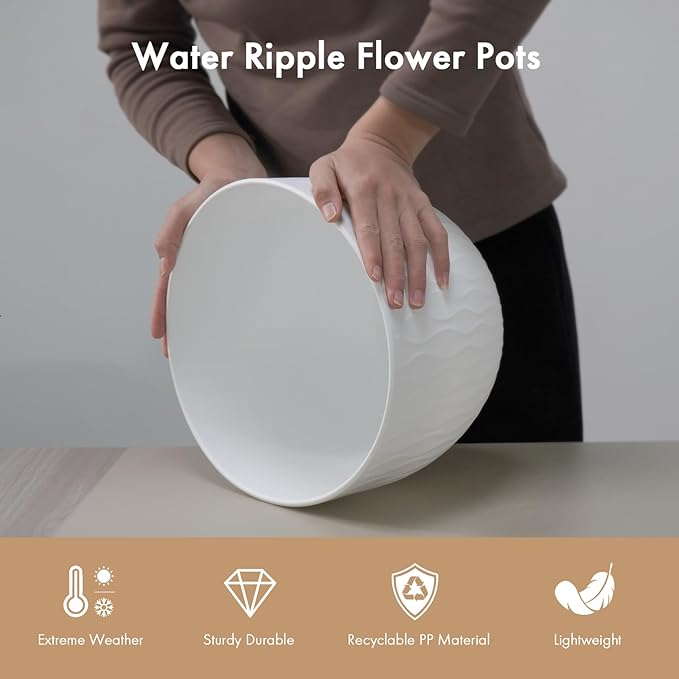 WSMKSZ 12 Inch Large Plant Pots for Indoor or Outdoor Plants, Wide Water Ripples Flower Pots with Drainage Holes & Saucer, Plastic Planters Set for Garden & Home Decor (White)