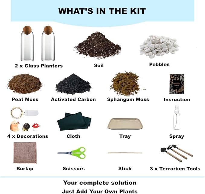 DIY Terrarium Kit with Closed Glass Bottle Container Planter with Lid (Ball Cork) | 2 Jars | Airtight Terrarium | Create Your Own Indoor Garden (No Live Plants)