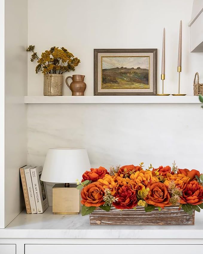 DILATATA Flower Arrangement with Wooden Vase 14" Artificial Flowers in Pot - Fake Flowers Roses Peonies Hydrangeas in Wooden Vase Potted Flower Centerpieces for Table Decor Living Room - Dried Orange