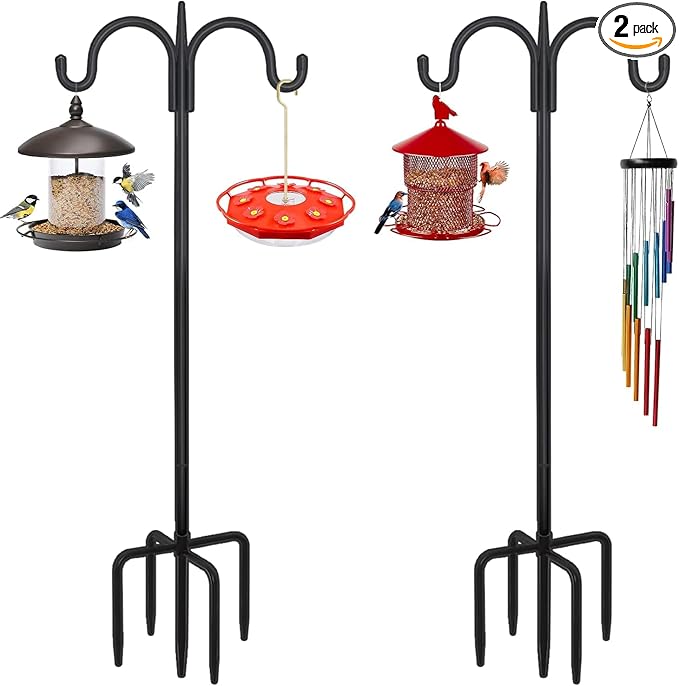 FEED GARDEN Adjustable Double Shepherds Hook for Outdoor with 5 Prong Base 63 Inch Heavy Duty Two Sided Bird Feeder Pole for Hanging Plant Baskets, Solar Light Lanterns, Wind Chimes 2 Pack