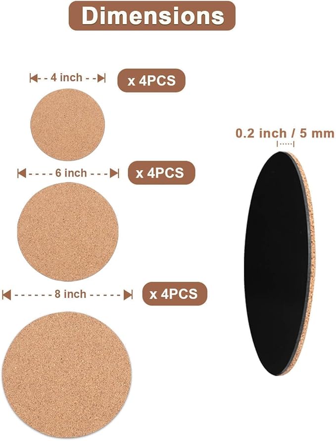 vensovo 12 Pcs Cork Plant Coasters & Saucers 4/6/8 Inch – Absorbent Round Mats for Indoor Flower Pots, Planters, Houseplants, Surface Protector for Table & Floor