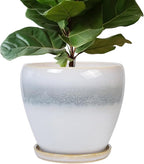 Ceramic Planter - 10 Inch Plant Pot with Drainage Hole and Plant Saucer, Round Decorative Large Flower Pots Indoor Outdoor, Home Patio Porch Room Decor, Birthday Gifts, White-Grey