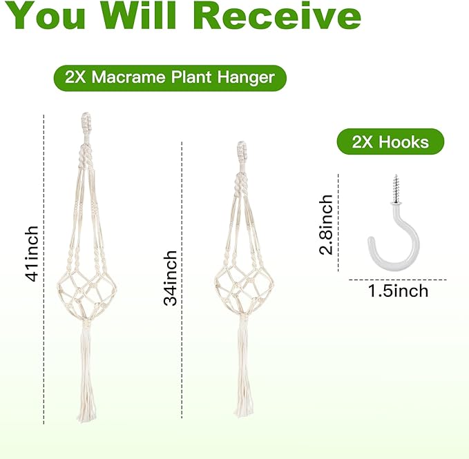 Oligei 2 Pack Macrame Plant Hanger, 34"/41" Hanging Planters for Indoor Plants, Strong Hanging Planter Holder with 2 Hooks (Pots Not Included)
