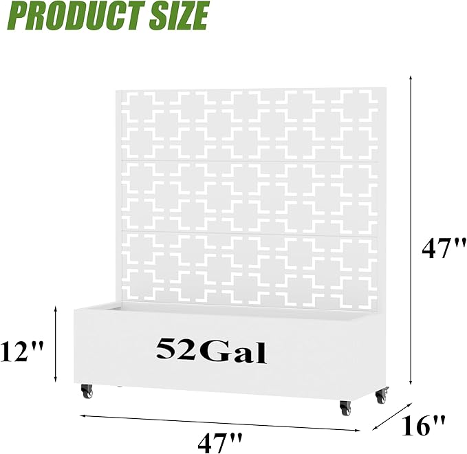 Casaphoria Metal Raised Garden Bed with Trellis and Wheels, 47"x47"x16" Planter Box for Climbing Plants, Vegetables & Vines, Features Drainage Holes and Privacy Screen, White-Square