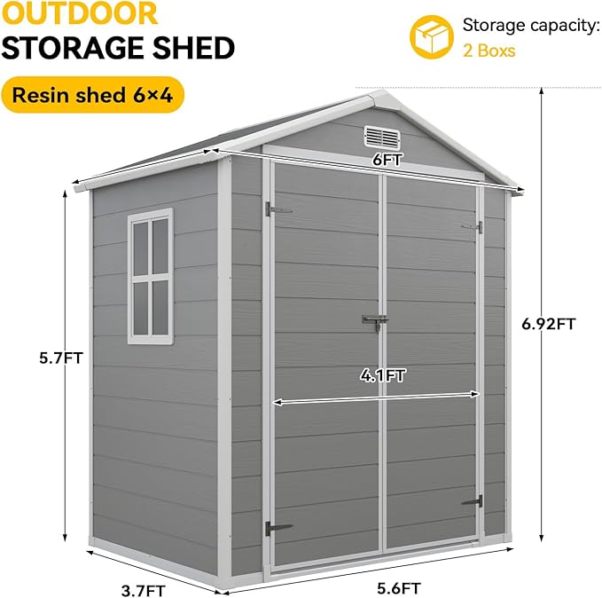 Aoxun 6x4 FT Outdoor Storage Shed with Built-in Magnetic Suction Light, Plastic Garden Resin Shed with Floor, Outdoor Storage with Lockable Door for Bike, Tools, Garbage Can, Grey