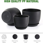 WSMKSZ 12/10/9 inch Big Flower Pots, 3 Pack Modern Decorative Plastic Planters with Drainage Holes and Tray, Plant Pots for Indoor Outdoor Plants, Black