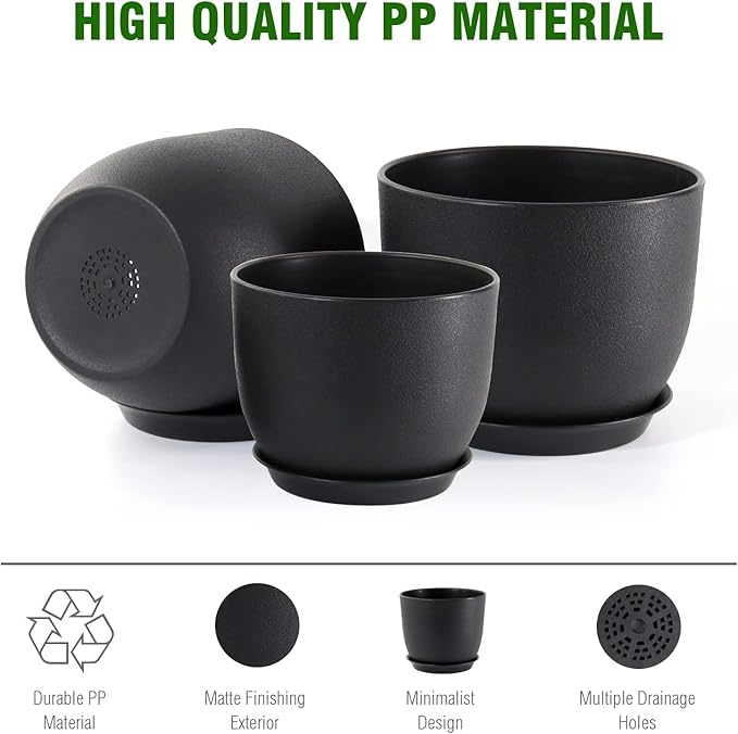 WSMKSZ 12/10/9 inch Big Flower Pots, 3 Pack Modern Decorative Plastic Planters with Drainage Holes and Tray, Plant Pots for Indoor Outdoor Plants, Black