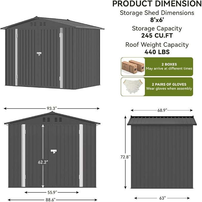 COMHOMA Shed Outdoor Storage Shed Metal,Lockable Doors Tool Sheds with Sloping Roof,Steel Garden Shed with Air Vent for Backyard,Patio,Lawn,Poolside(Grey,8'x6')