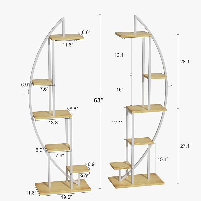 BACEKOLL Plant Stand Indoor with Grow Lights, 6 Tiered Tall Plant Shelf, 63" Metal Plant Stand for Indoor Plants Multiple, Half-Moon Plant Rack Display Shelf, 2 Pcs Plant Holder for Living Room, White
