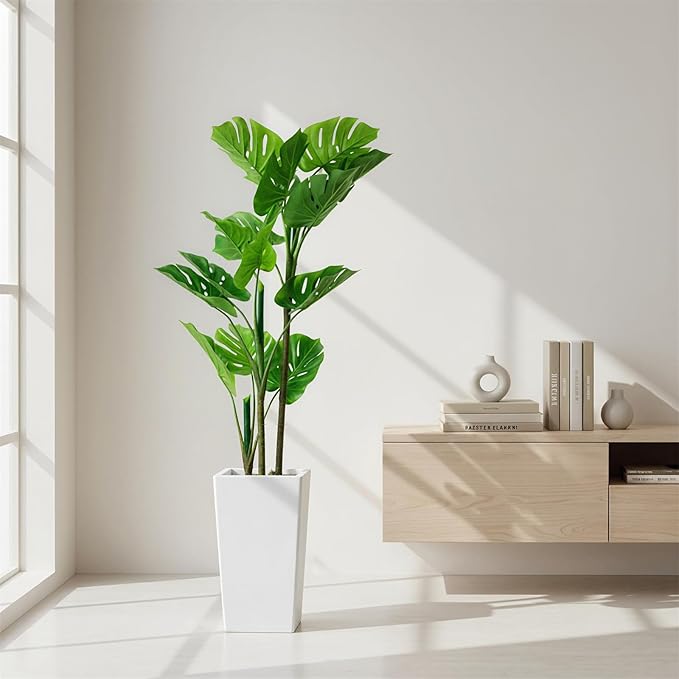 4.5FT Artificial Monstera Plant in White Tall Planter, Mini Fake Swiss Cheese Plant, Decorative Evergreen Tropical Floor Tree for Living Room Entryway Porch Office