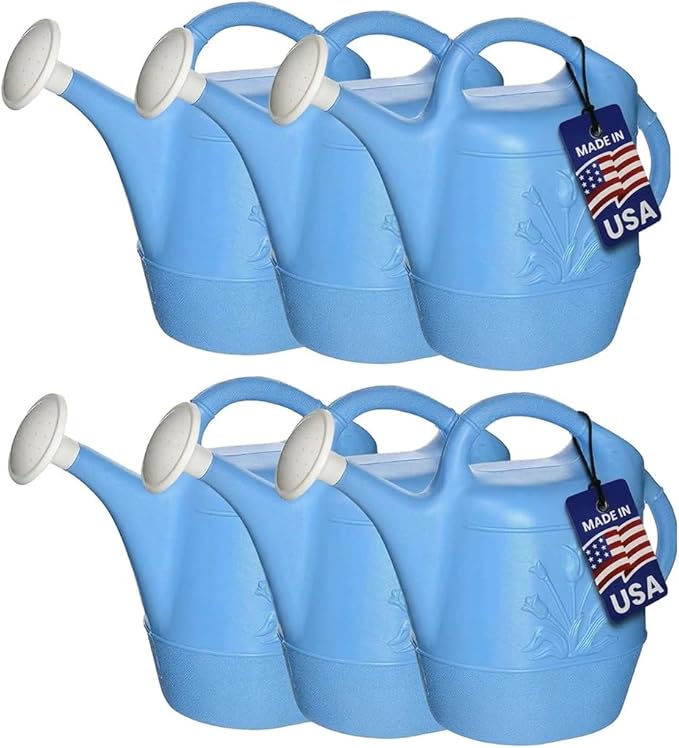 PMU 2 Gallon Watering Can - Garden Watering Can for Indoor & Outdoor Plants - Plastic Water Can with Detachable Sprinkler Head - Large Water Pot, Made in USA - Blue Pkg/6