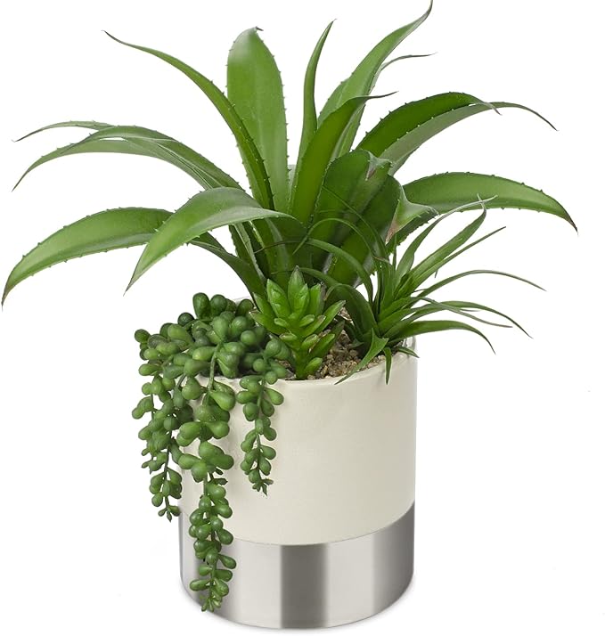 Hollyone Large Artificial Succulents Plants Faux Succulents 12" Fake Succulent Plants in Sliver Ceramic Pot Succulent Plant for Desk Modern Home Living Room Office Table Bathroom Decor