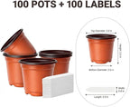 100 Pack 4 Inch Plastic Nursery Pots, Seed Starter Pots with Drainage Holes, Small Plant Containers for Seedlings, Seed Starting Flower Pots with 100 Plant Labels